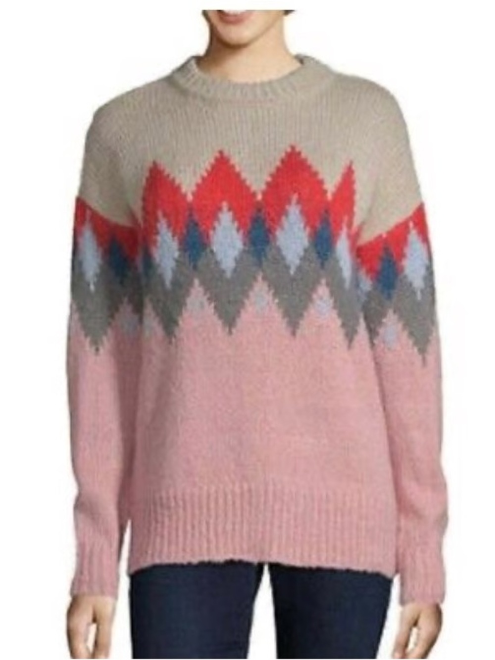 a.n.a Pink Fair Isle Crewneck Sweater with Red & Gray Accents